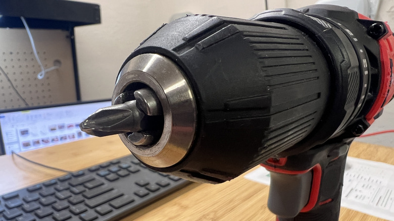 Close-up front view of a drill.