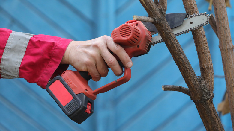 Hand using power tool battery in a mini chainsaw cutting branches