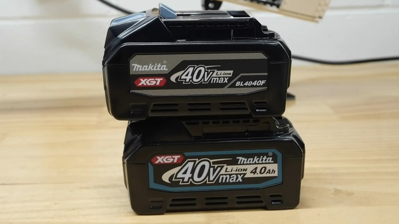 Two Makita XGT batteries stacked.