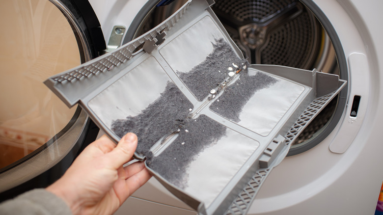 A person holding a filled lint trap.