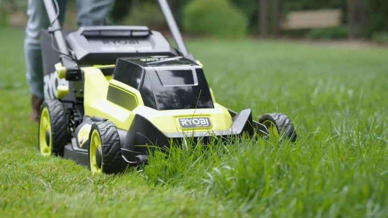 Ryobi 40V lawn mower cutting tall grass