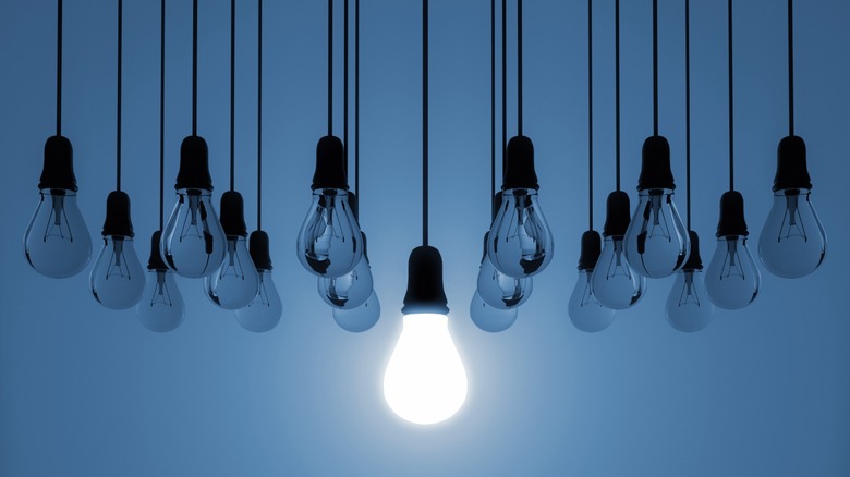 A bunch of light bulbs with only one glowing