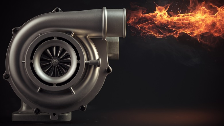 Gray turbocharger spitting out fire.