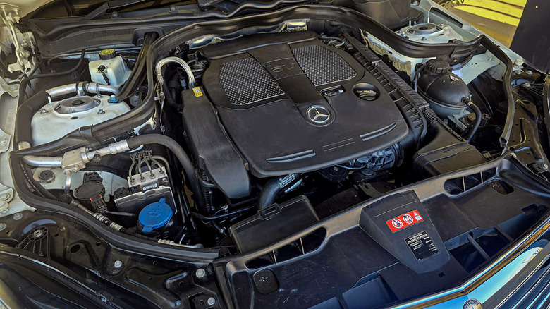 The interior of a Mercedes V6 engine bay