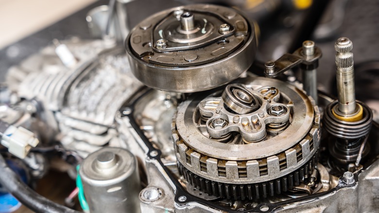 Close-up of different components of old Motorcycle clutch