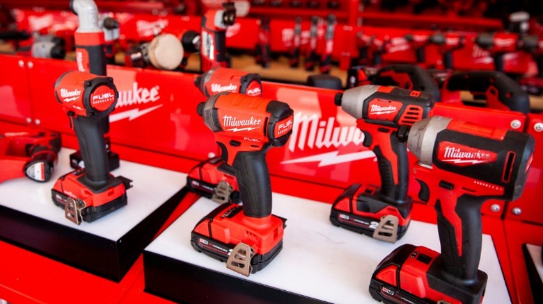 A Milwaukee cordless power tool display