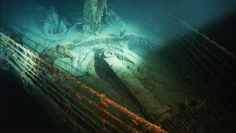 A spare anchor sits in its well on the forepeek of the shipwrecked Titanic