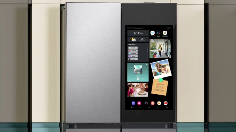 A darker colored Smasung refrigerator, screen full of widgets shown