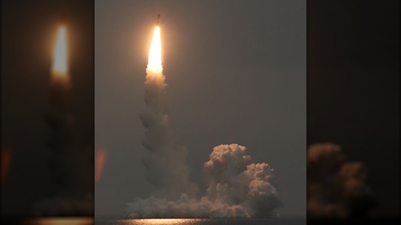A Russian RSM-56 Bulava submarine-launched ballistic missile launched from the sea