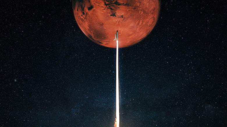 spaceship taking off in front of mars