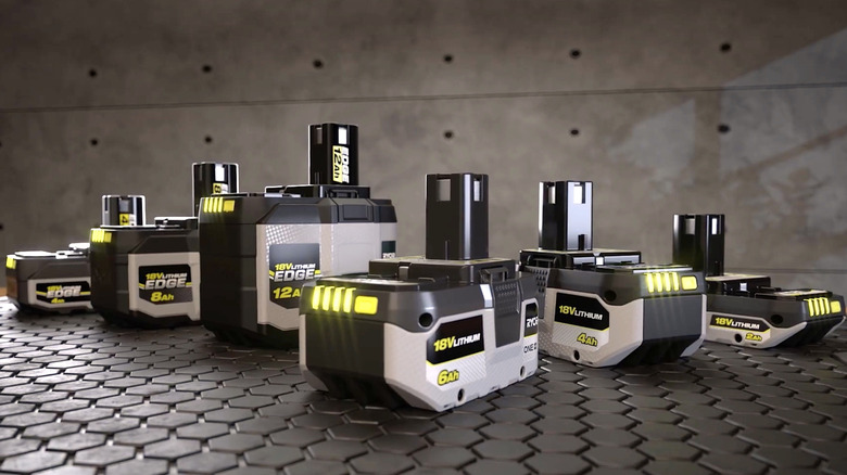 Multiple Ryobi 18V Lithium Edge batteries displayed on a tiled surface