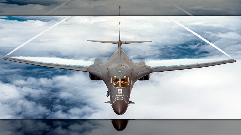 A B-1B Lancer flying over cloudy skies