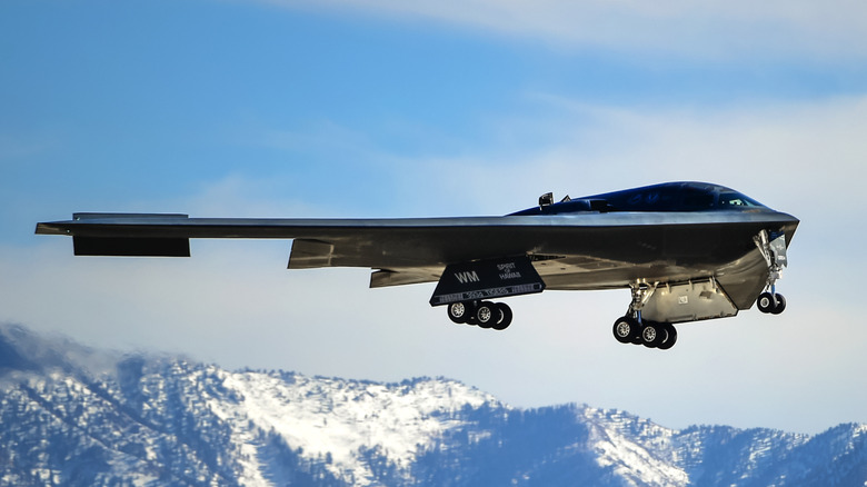 B-2 Spirit flying with landing gear extended
