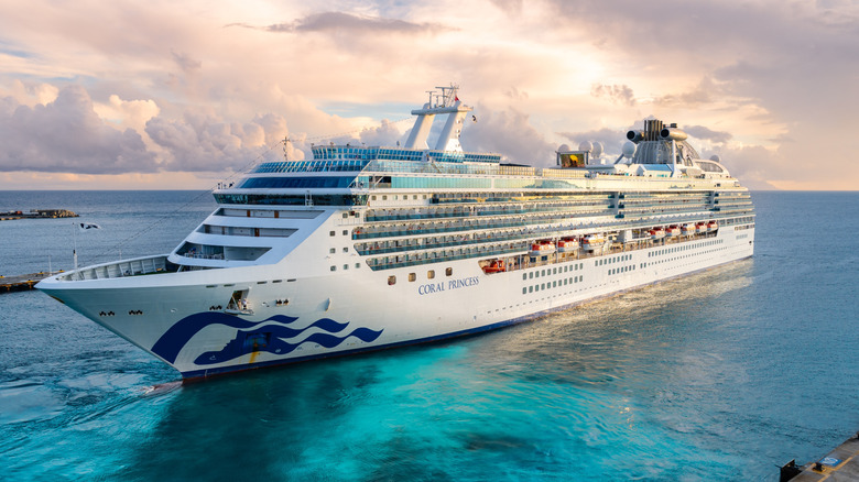 Aerial view of Coral Princess cruise ship entering harbor under partly cloudy skies.