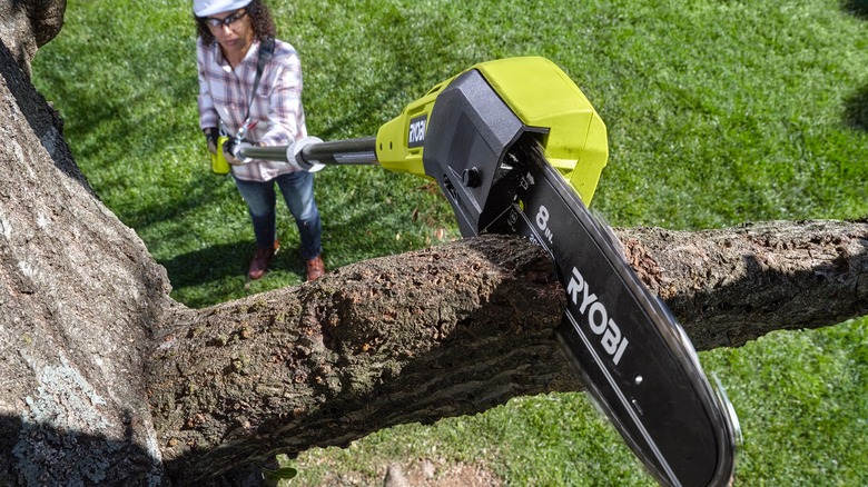 Woman using Ryobi pole saw to cut branch