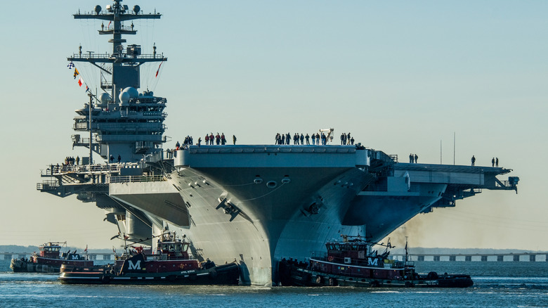 USS George H.W. Bush leaving Northrop Grumman Shipbuilding in Newport News, Virginia