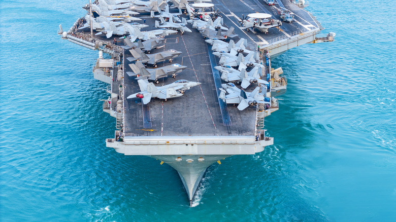 Fighter jets parked on the aircraft carrier