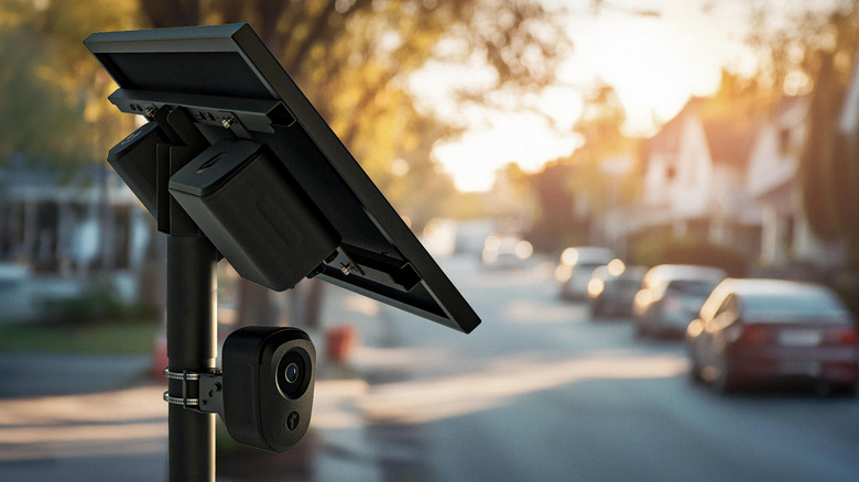 A Flock camera installed on a pole on a suburban street