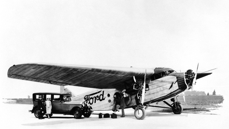 Black and white photograph of a Ford tri-motor