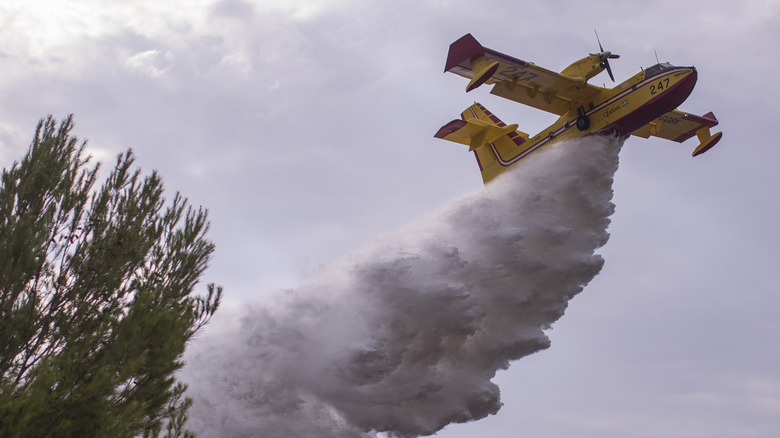 A Canadair CL-415 SuperScooper drops water to protect a house during a California wildfire.