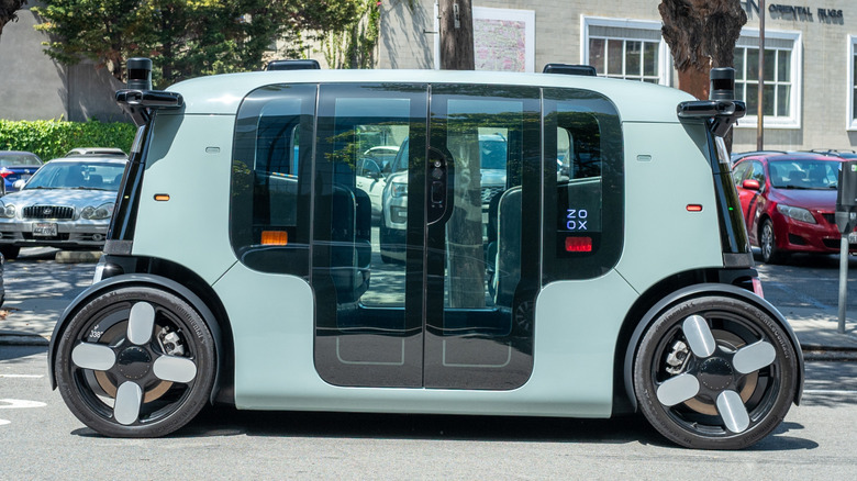Side view of Zoox autonomous robotaxi in San Francisco
