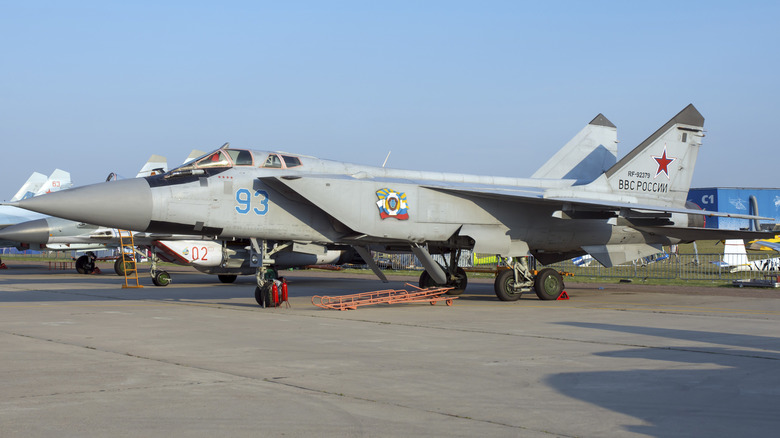 A modernized MiG-31BM of the Russian Air Force on display at the Aviation Salon MAKS-2015 airshow in Zhukovsky, Russia