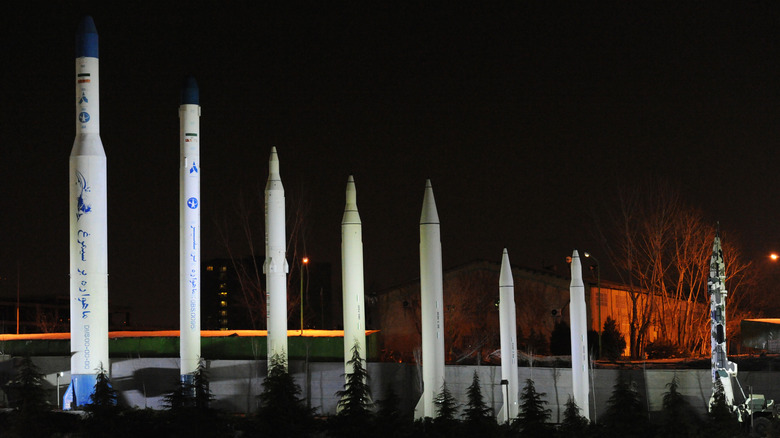 A series of replica missiles line up in front the Museum of Holy Defense in Tehran, Iran