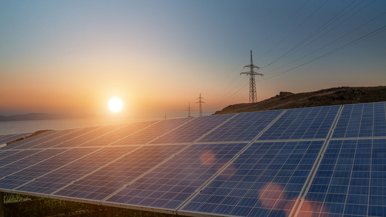A solar farm at sunset with power lines in the background