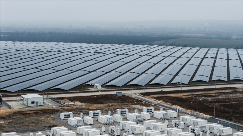 Solar farm on a cloudy, rainy day.