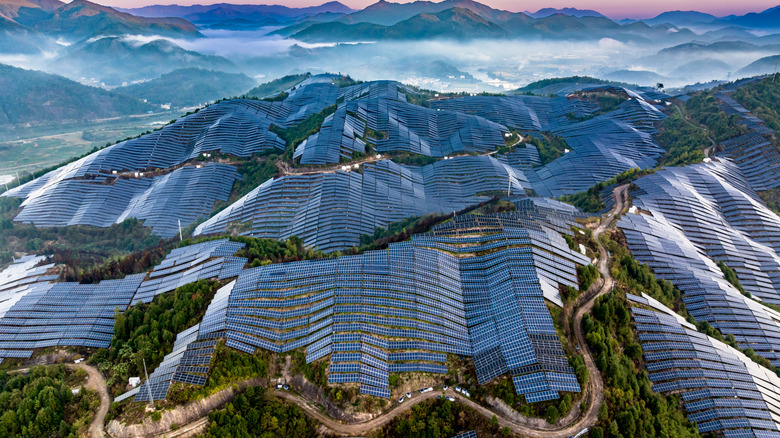 Massive solar farm covering rolling hillsides with a mist shrouded valley below.
