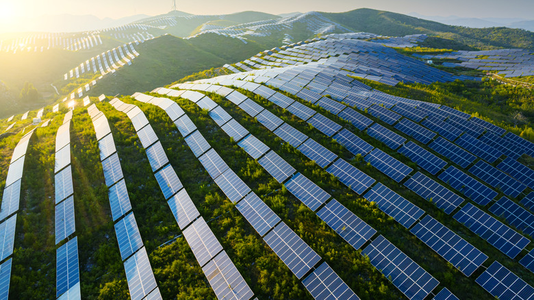 A shot of the sun shining on a massive bank of solar panels on a hillside