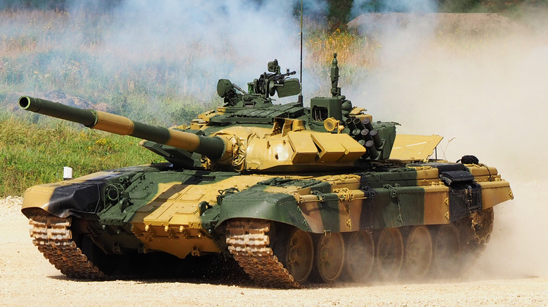 An Iranian T-72 Main Battle Tank in operation on a dirt road
