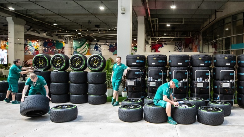 A stack of Pirelli F1 tires for the Miami Grand Prix