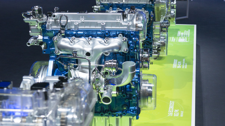 Ford EcoBoost engines on display in a row