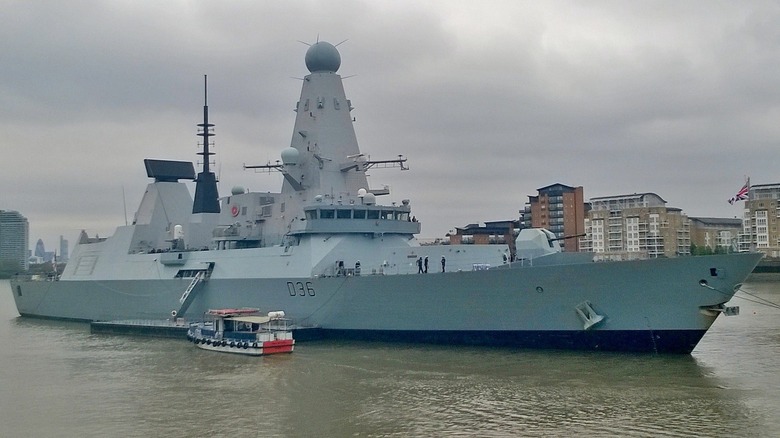 The HMS Defender moored at Greenwich in London