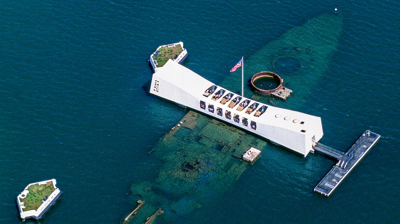 Overhead shot of the USS Arizona Memorial in Pearl Harbor, Hawaii