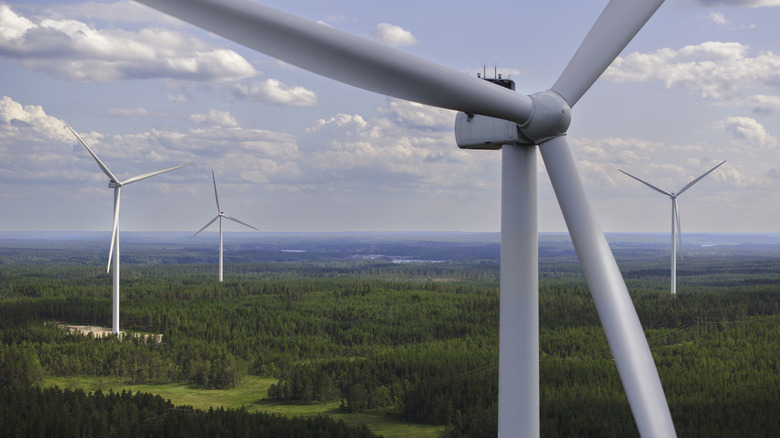 Wind turbines set against a forest landscape