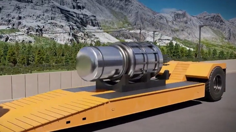 A Westinghouse eVinci microreactor on the back of a truck trailer.