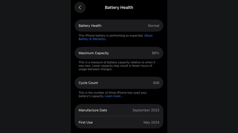 iPhone's Battery Health settings screenshot showing battery health, cycle count, and more options