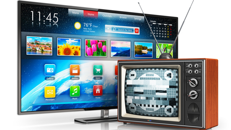 Side-by-side of an old-school antenna TV and a modern big-screen TV.