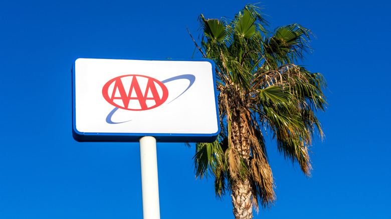 American Automobile Association (AAA) next to a palm tree against a blue sky.