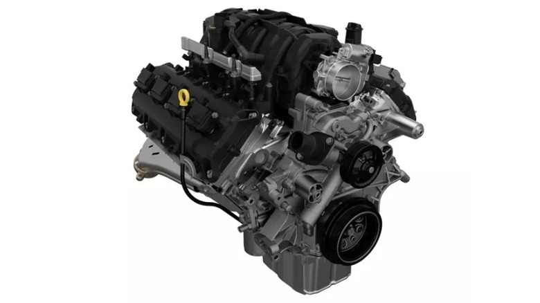 A 5.7L HEMI V8 engine on a white background