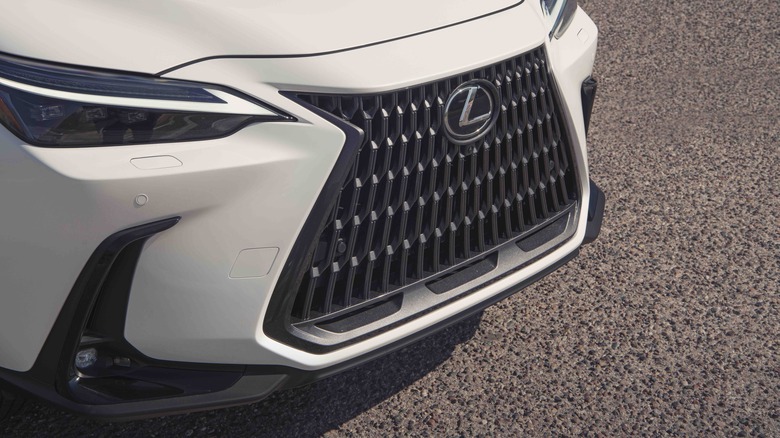 Close-up shot of a white 2023 Lexus NX 250 grille