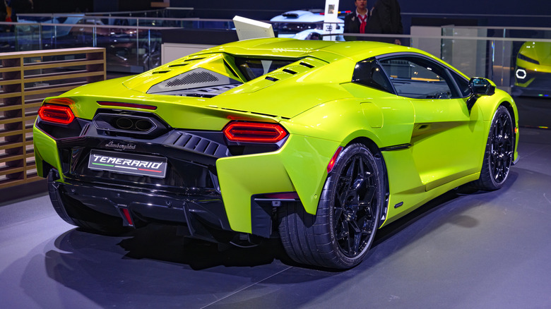 A lime green Lamborghini Temerario on display, rear 3/4 view