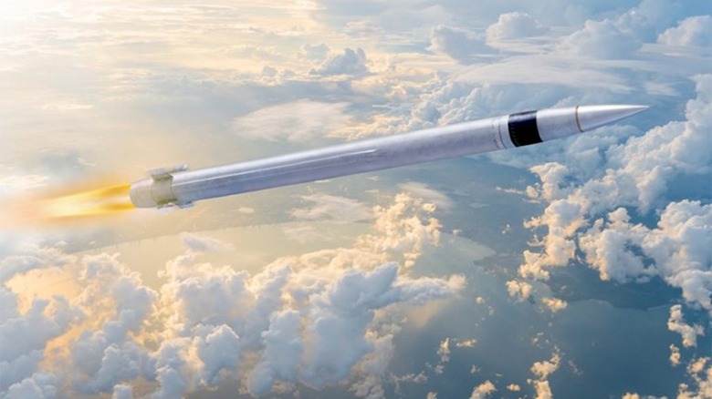 An artist's rendering of a Patriot PAC-3 missile flying over the clouds