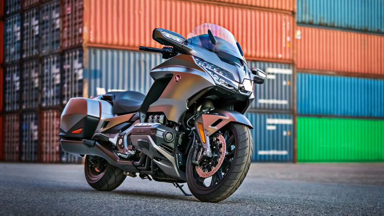 2018 Honda Goldwing in front of shipping containers
