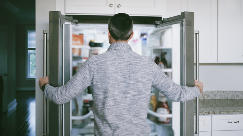 A person looking inside a refrigerator.