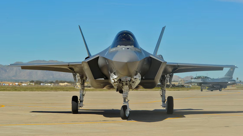 Head-on view of an F-35A on a runway
