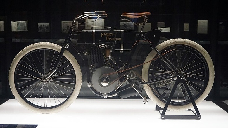 The Harley-Davidson Model 1 on display in a museum, side view