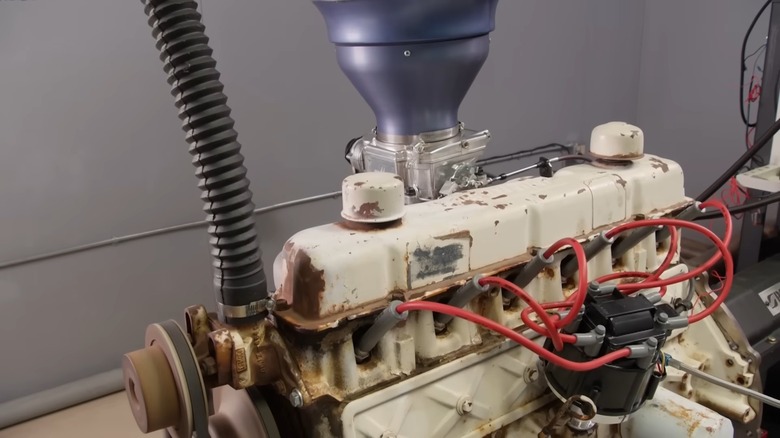 Ford 300 straight six on dyno, close-up of top-end